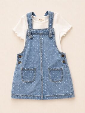 Max Studio Girls Polka Dot Denim Pinafore Overall Dress / Blue Denim Jumper 4/5Y